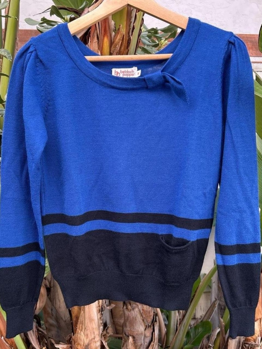 Vintage 1980s Beldoch Popper Blue Black Wool Blend Sweater Womens M